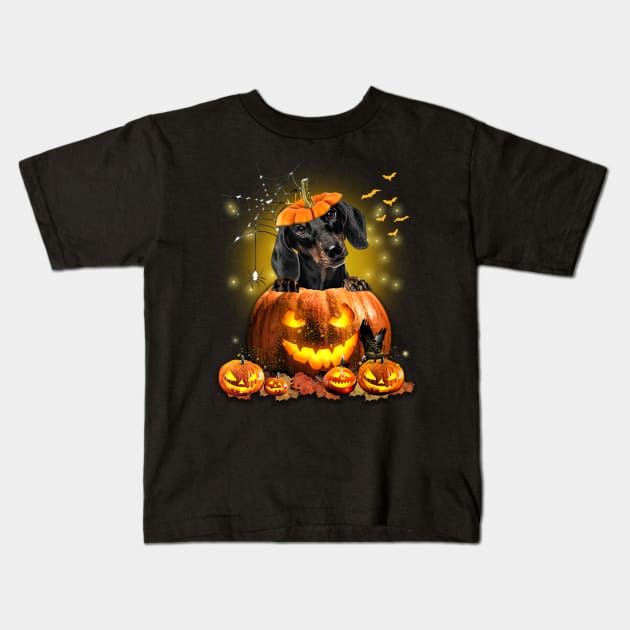 Black Dachshund Spooky Halloween Pumpkin Dog Head Kids T-Shirt by Los Draws